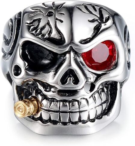 MollyQueen Vintage Stainless Steel Gothic Skull Smoking Bullet Biker Cocktail Party Ring for Men in Kuwait