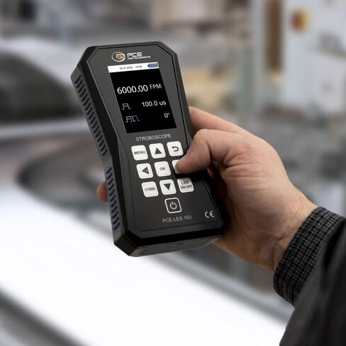 أدوات PCE، ستروبسكوب LED محمول باليد PCE-LES 103 للآلات الدوارة، بقياسات 60-300000 إطار في الدقيقة / 1-5000 هرتز، مع 3 مصابيح LED عالية الطاقة (11730 لوكس عند 20 سم)، بطارية USB-C قابلة لإعادة الشحن in Kuwait