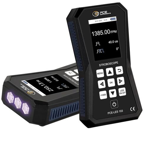 أدوات PCE، منظار الأشعة فوق البنفسجية المحمول PCE-LES 103UV-365 للآلات الدوارة، يقيس 60–300000 إطار في الدقيقة / 1–5000 هرتز، 3 مصابيح UVA LED، 2.8 بوصة TFT، بطارية قابلة لإعادة الشحن in Kuwait