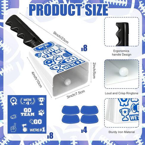 8 Pack 10.5 Inch Steel Cow Bell with Handle and Stickers Cheering Cowbells for Sporting Event Large Cow Bells Noise Makers Steel Hand Bell Chime Alarm for Football Games Party Farm (White) in Saudi Arabia