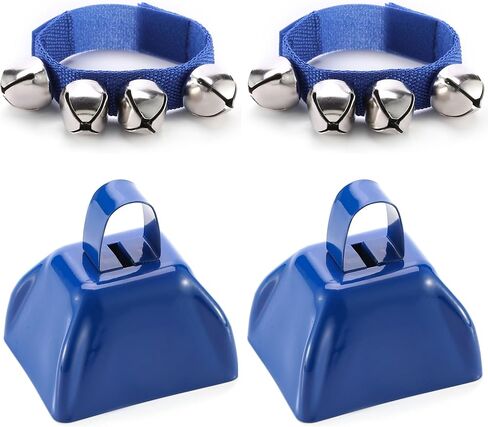 2pcs Cow Bell & 2pcs Jingle Bells Noise Makers Hand Percussion Loud 3 Inch Cowbell for Sporting Events, Football Games, Celebrations, Wedding, Cheering, Party, Spirit, Marathon(Blue) in Kuwait