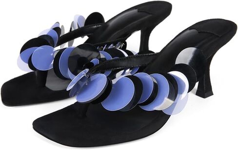 Goolita Women's Suede Sequin Kitten Heels Flip Flops Open Square Toe Strappy Thong Slide Heeled Sandals Comfort Prom Party Mules Heels in Kuwait