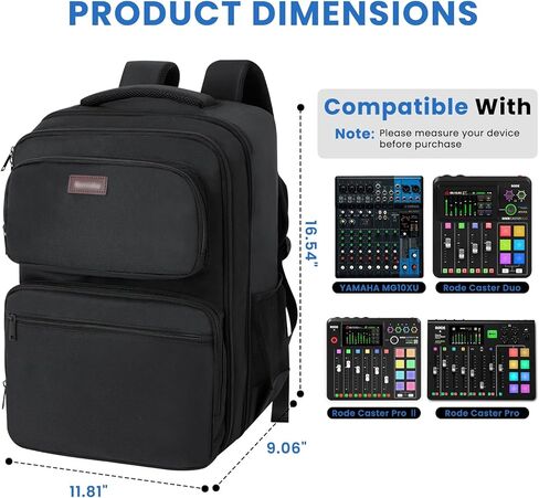 حقيبة سفر لخلاط الصوت متوافقة مع RODECaster Pro، RODECaster Pro II، Yamaha MG10XU، RC Duo، حقيبة ظهر واقية DJ Mixer مع جيوب متعددة للميكروفونات والكابلات ومعدات البث الصوتي in Saudi Arabia
