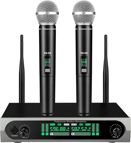 نظام ميكروفون UHF لاسلكي، مع 2 جهاز محمول، مسح تلقائي، ترددات 2x50 UHF، نطاق 200 قدم، ميكروفون ديناميكي للغناء والكاريوكي والكنيسة in Saudi Arabia