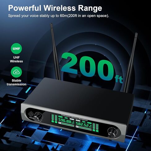 نظام ميكروفون UHF لاسلكي، مع 2 جهاز محمول، مسح تلقائي، ترددات 2x50 UHF، نطاق 200 قدم، ميكروفون ديناميكي للغناء والكاريوكي والكنيسة in Saudi Arabia