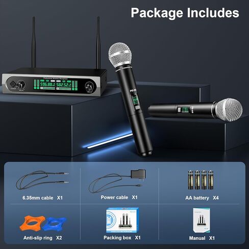 نظام ميكروفون UHF لاسلكي، مع 2 جهاز محمول، مسح تلقائي، ترددات 2x50 UHF، نطاق 200 قدم، ميكروفون ديناميكي للغناء والكاريوكي والكنيسة in Saudi Arabia
