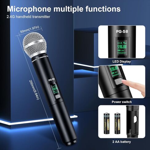نظام ميكروفون UHF لاسلكي، مع 2 جهاز محمول، مسح تلقائي، ترددات 2x50 UHF، نطاق 200 قدم، ميكروفون ديناميكي للغناء والكاريوكي والكنيسة in Saudi Arabia
