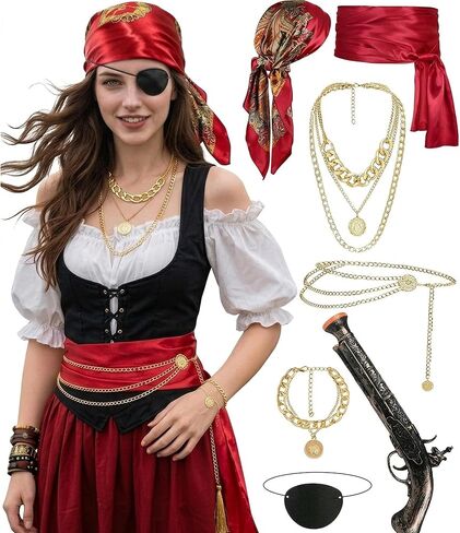 مجموعة ملحقات القراصنة للسيدات - باندانا القراصنة ، حزام وشاح أحمر ، مجوهرات ذهبية ، رقعة العين لأزياء القراصنة in Kuwait