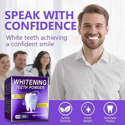 مسحوق تبييض الأسنان، مزيل بقع احترافي للقهوة والشاي وبقع التدخين - مسحوق أسنان بنكهة النعناع الطبيعي - آمن على المينا وغير حساس، 15 جم in Kuwait