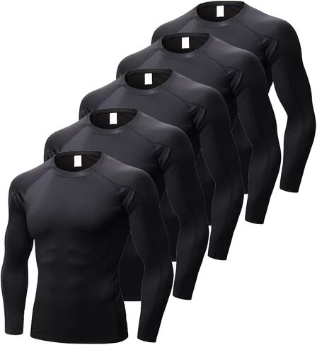 5 Pack Men's Compression Shirts Long Sleeve Athletic Workout Undershirt Quick Dry Sports Baselayers for Gym Running in Kuwait