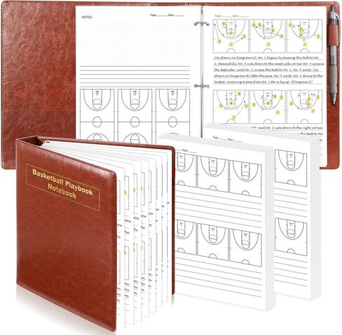 PU Leather 8.5 * 11 in Basketball Coach Notebook 63 Page Playbook Journal Basketball Coach Binder Red Brown Basketball Practice Planner Drills Accessories for Players Student Coach Enthusiasts in Kuwait