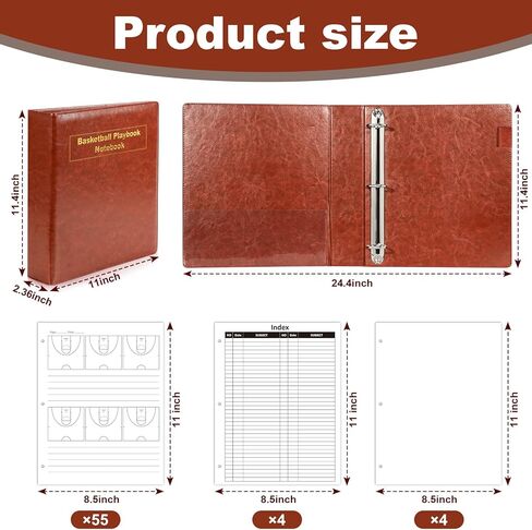 PU Leather 8.5 * 11 in Basketball Coach Notebook 63 Page Playbook Journal Basketball Coach Binder Red Brown Basketball Practice Planner Drills Accessories for Players Student Coach Enthusiasts in Kuwait