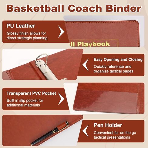 PU Leather 8.5 * 11 in Basketball Coach Notebook 63 Page Playbook Journal Basketball Coach Binder Red Brown Basketball Practice Planner Drills Accessories for Players Student Coach Enthusiasts in Kuwait