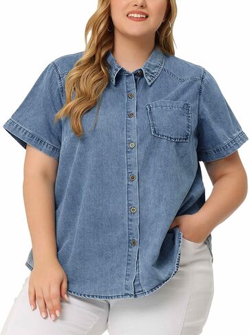 Agnes Orinda Denim Shirt for Women Plus Size Jean Western Shirts Short Sleeve Button Down Tops in Saudi Arabia