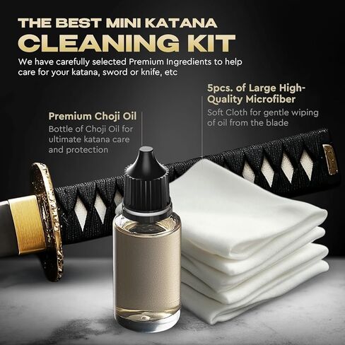 مجموعة تنظيف كاتانا الأساسية مع 5 قطع من قماش التنظيف وزجاجة من زيت تشوجي - مجموعة العناية بالصيانة لسيوف الساموراي - العناية بسيوف النينجا اليابانية كاتانا الساموراي - هدية للجميع KCK 02 in Kuwait
