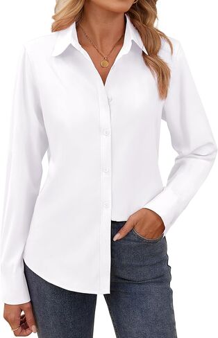 Women's Dress Shirts Collared Button Down Shirts Business Casual Blouses Long Sleeve V Neck Fit Work Tops in Kuwait
