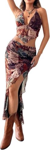 Verdusa Women's 2 Piece Set Tie Dye Backless Halter Tie Back Top Split Thigh Skirt in Kuwait