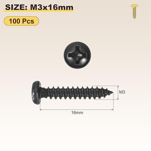 METALLIXITY Phillips Pan Head Self Tapping Screws(M3x16) 100Pcs, 304 Stainless Steel Self Drilling Screw for Metal Wood Plastic, for Cabinet Wall Shutter Plate Rock Furniture, Black in Saudi Arabia