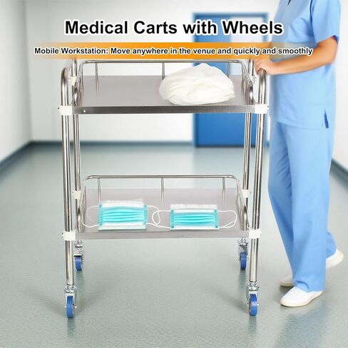 عربة من الفولاذ المقاوم للصدأ بعجلات، عربة خدمات طبية من طبقتين، عربة خدمة المختبر، عربة العيادة، عربة تجارية من الدرجة التجارية مع عجلات صامتة قابلة للقفل للمستشفى، المطعم، المطبخ in Kuwait