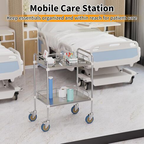 عربة من الفولاذ المقاوم للصدأ بعجلات، عربة خدمات طبية من طبقتين، عربة خدمة المختبر، عربة العيادة، عربة تجارية من الدرجة التجارية مع عجلات صامتة قابلة للقفل للمستشفى، المطعم، المطبخ in Kuwait