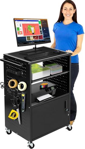 Mobile AV Cart with Locking Cabinet & Wheels, Heavy Duty Rolling Media Cart with Customized Pegboard & Hooks, Multipurpose Utility Cart 100lbs Load Capacity, Black in Kuwait
