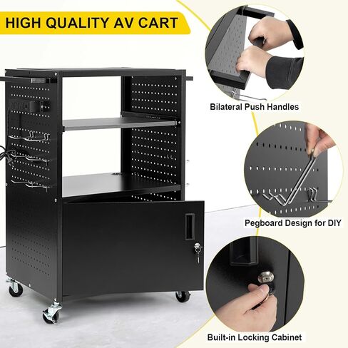 Mobile AV Cart with Locking Cabinet & Wheels, Heavy Duty Rolling Media Cart with Customized Pegboard & Hooks, Multipurpose Utility Cart 100lbs Load Capacity, Black in Kuwait