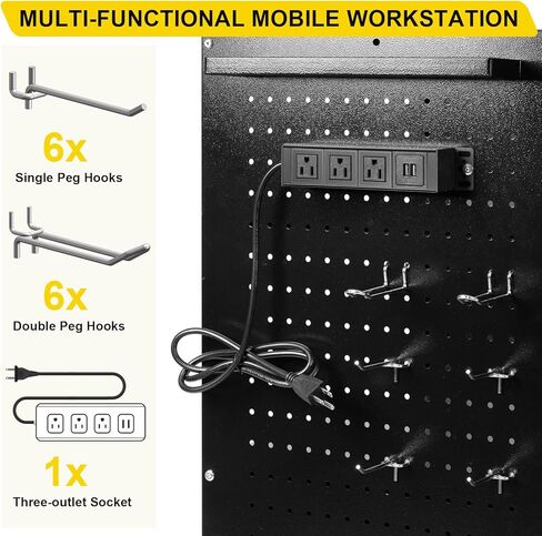 Mobile AV Cart with Locking Cabinet & Wheels, Heavy Duty Rolling Media Cart with Customized Pegboard & Hooks, Multipurpose Utility Cart 100lbs Load Capacity, Black in Kuwait