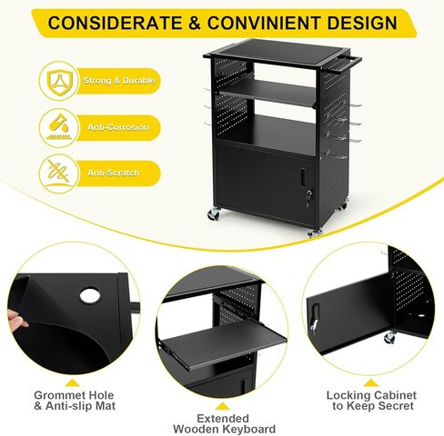 Mobile AV Cart with Locking Cabinet & Wheels, Heavy Duty Rolling Media Cart with Customized Pegboard & Hooks, Multipurpose Utility Cart 100lbs Load Capacity, Black in Kuwait