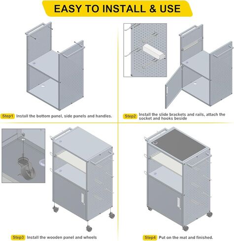 Mobile AV Cart with Locking Cabinet & Wheels, Heavy Duty Rolling Media Cart with Customized Pegboard & Hooks, Multipurpose Utility Cart 100lbs Load Capacity, Black in Kuwait