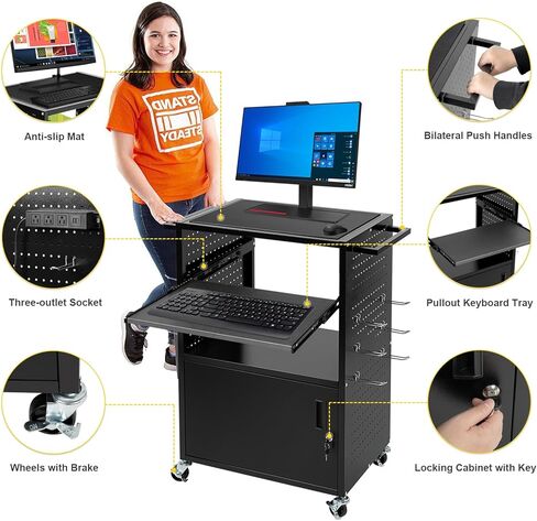 Mobile AV Cart with Locking Cabinet & Wheels, Heavy Duty Rolling Media Cart with Customized Pegboard & Hooks, Multipurpose Utility Cart 100lbs Load Capacity, Black in Kuwait