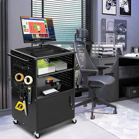 Mobile AV Cart with Locking Cabinet & Wheels, Heavy Duty Rolling Media Cart with Customized Pegboard & Hooks, Multipurpose Utility Cart 100lbs Load Capacity, Black in Kuwait