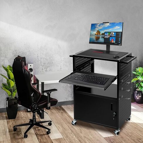 Mobile AV Cart with Locking Cabinet & Wheels, Heavy Duty Rolling Media Cart with Customized Pegboard & Hooks, Multipurpose Utility Cart 100lbs Load Capacity, Black in Kuwait