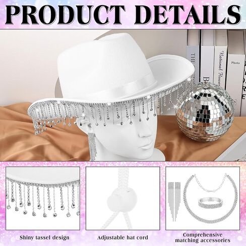 White Cowboy Hat with Fringes for Womens Rhinestone Cowgirl Hat with Heart-Shaped Sunglasses Bedazzled Glitter Western Cowboy Hats for Wedding Disco Party Cosplay Costume in Kuwait