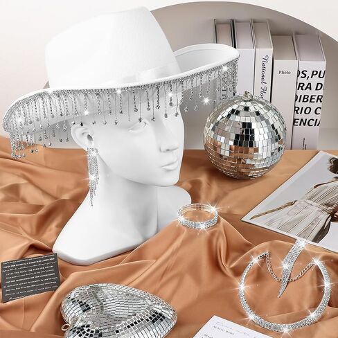 White Cowboy Hat with Fringes for Womens Rhinestone Cowgirl Hat with Heart-Shaped Sunglasses Bedazzled Glitter Western Cowboy Hats for Wedding Disco Party Cosplay Costume in Kuwait