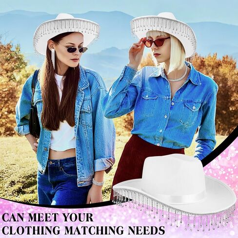 White Cowboy Hat with Fringes for Womens Rhinestone Cowgirl Hat with Heart-Shaped Sunglasses Bedazzled Glitter Western Cowboy Hats for Wedding Disco Party Cosplay Costume in Kuwait
