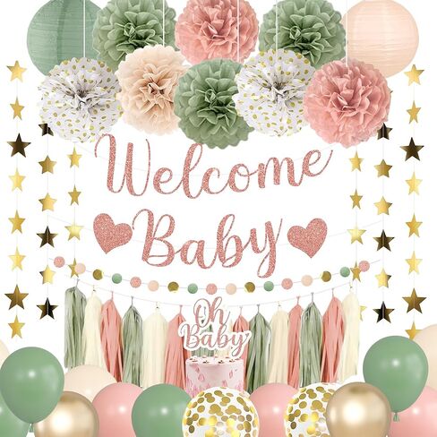 Amandir Baby Shower Decorations Sage Green Balloons Welcome Baby Banner, Cake Topper, Paper Lanterns, Pom Poms Flowers Tassels, Circle Dots Star Garland, Neutral Gender Reveal Birthday Party Supplies in Kuwait