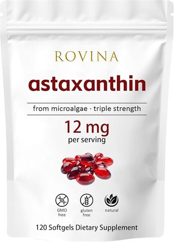 Rovina Astaxanthin 12mg • مضاد أكسدة طبيعي قوي لدعم راحة العين وحيوية الجلد وصحة المناعة • خالي من الغلوتين • 120 كبسولة هلامية in Kuwait