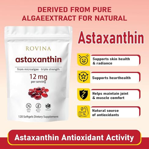Rovina Astaxanthin 12mg • مضاد أكسدة طبيعي قوي لدعم راحة العين وحيوية الجلد وصحة المناعة • خالي من الغلوتين • 120 كبسولة هلامية in Kuwait