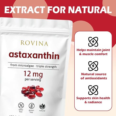 Rovina Astaxanthin 12mg • مضاد أكسدة طبيعي قوي لدعم راحة العين وحيوية الجلد وصحة المناعة • خالي من الغلوتين • 120 كبسولة هلامية in Kuwait