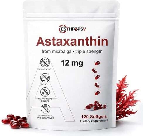 مكمل مضاد للأكسدة ممتاز أستازانتين 12 ملجم مع فيتامين هـ - 120 كبسولة هلامية، كمية تكفي لمدة 4 أشهر، مصدر الطحالب الدقيقة، يدعم صحة الجلد والعين والمفاصل، غير معدل وراثيًا، خالي من الغلوتين والصويا in Saudi Arabia