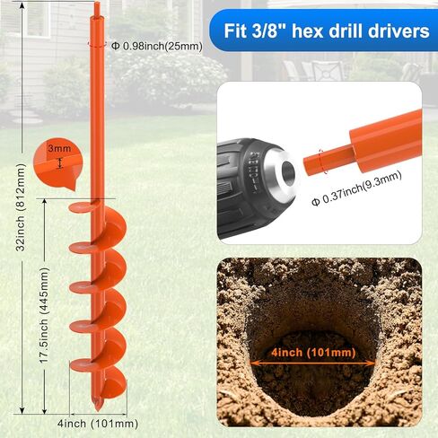 Upgraded Auger Drill Bit for Planting 4'' X 32'' Garden Drill Augers for Digging Holes Post Hole Auger for Bulbs, Flower, Fence Posts Earth Auger Bit for Cordless and Corded Drill - Fit 3/8" Hex Drive in Saudi Arabia