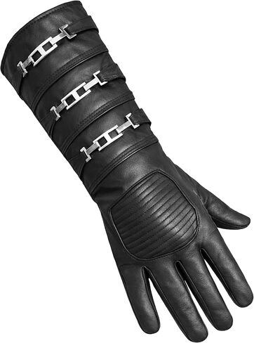 URBAN BUCK Real Sheepskin Leather Sky Gauntlet Costume Glove - Regular Fit Long Arm Cuff Mens Premium Buckles Unlined Cosplay Gloves Black Right Hand (L) in Kuwait