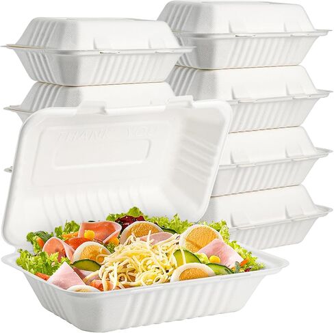 Elsjoy 90 Pack 2-Compartment Clamshell Take Out Containers, 9" x 6" Compostable Hinged Food Containers Disposable Bagasse To Go Lunch Boxes for Restaurant, Microwave Safe in Kuwait
