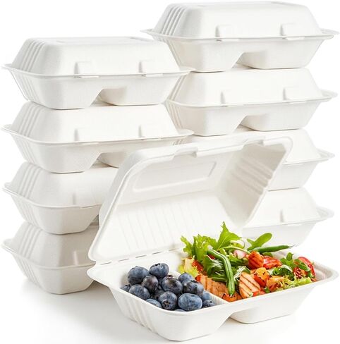 Elsjoy 90 Pack 2-Compartment Clamshell Take Out Containers, 9" x 6" Compostable Hinged Food Containers Disposable Bagasse To Go Lunch Boxes for Restaurant, Microwave Safe in Saudi Arabia