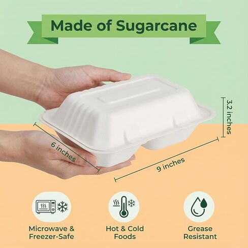 Elsjoy 90 Pack 2-Compartment Clamshell Take Out Containers, 9" x 6" Compostable Hinged Food Containers Disposable Bagasse To Go Lunch Boxes for Restaurant, Microwave Safe in Saudi Arabia