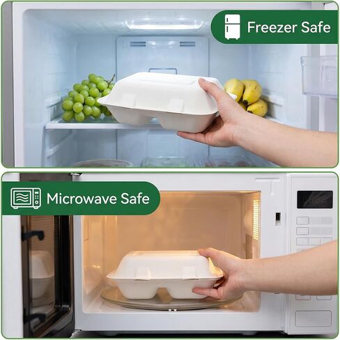 Elsjoy 90 Pack 2-Compartment Clamshell Take Out Containers, 9" x 6" Compostable Hinged Food Containers Disposable Bagasse To Go Lunch Boxes for Restaurant, Microwave Safe in Saudi Arabia