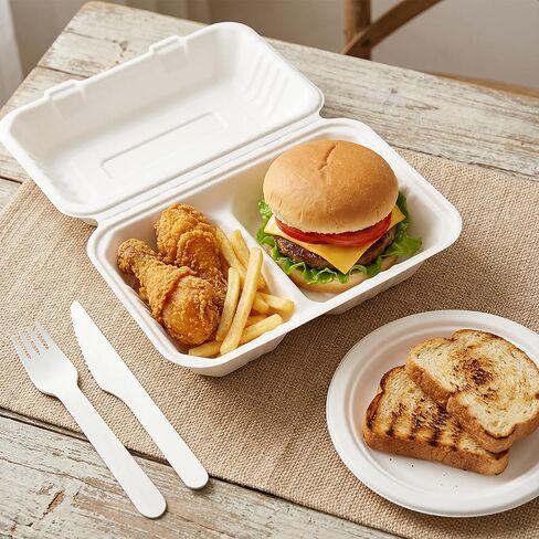 Elsjoy 90 Pack 2-Compartment Clamshell Take Out Containers, 9" x 6" Compostable Hinged Food Containers Disposable Bagasse To Go Lunch Boxes for Restaurant, Microwave Safe in Saudi Arabia