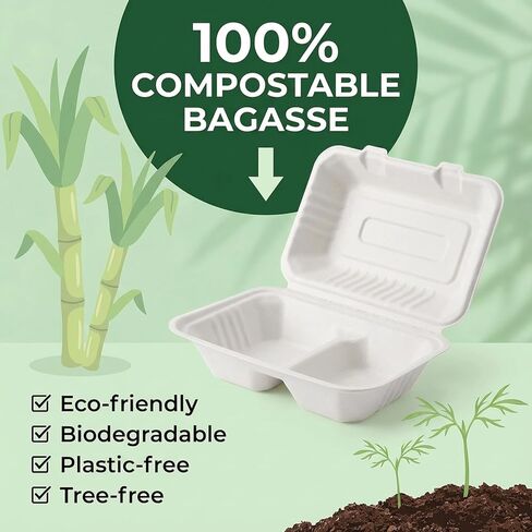 Elsjoy 90 Pack 2-Compartment Clamshell Take Out Containers, 9" x 6" Compostable Hinged Food Containers Disposable Bagasse To Go Lunch Boxes for Restaurant, Microwave Safe in Saudi Arabia