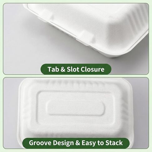 Elsjoy 90 Pack 2-Compartment Clamshell Take Out Containers, 9" x 6" Compostable Hinged Food Containers Disposable Bagasse To Go Lunch Boxes for Restaurant, Microwave Safe in Saudi Arabia