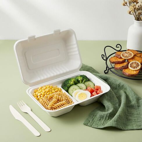 Elsjoy 90 Pack 2-Compartment Clamshell Take Out Containers, 9" x 6" Compostable Hinged Food Containers Disposable Bagasse To Go Lunch Boxes for Restaurant, Microwave Safe in Saudi Arabia